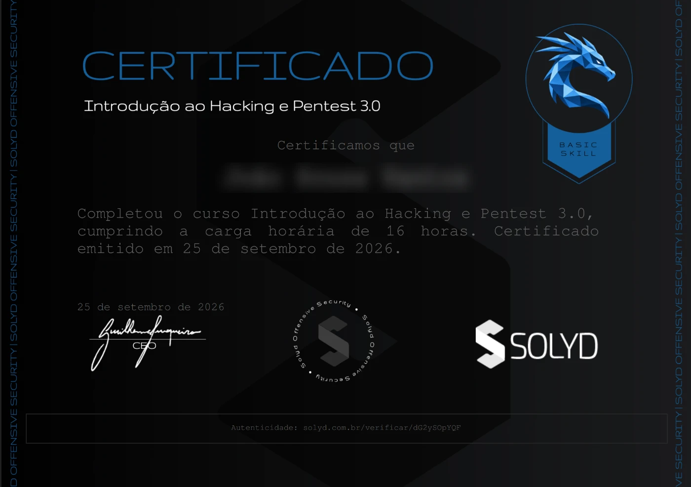 Certificado de conclusão do curso Introdução ao Hacking e Pentest 3.0